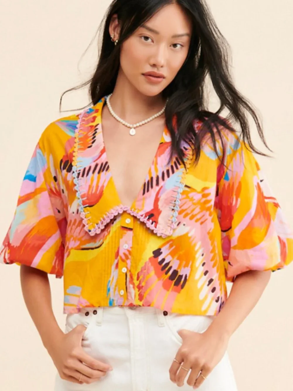 Farm Rio Neon Macaws Collar Puff-Sleeve Blouse
